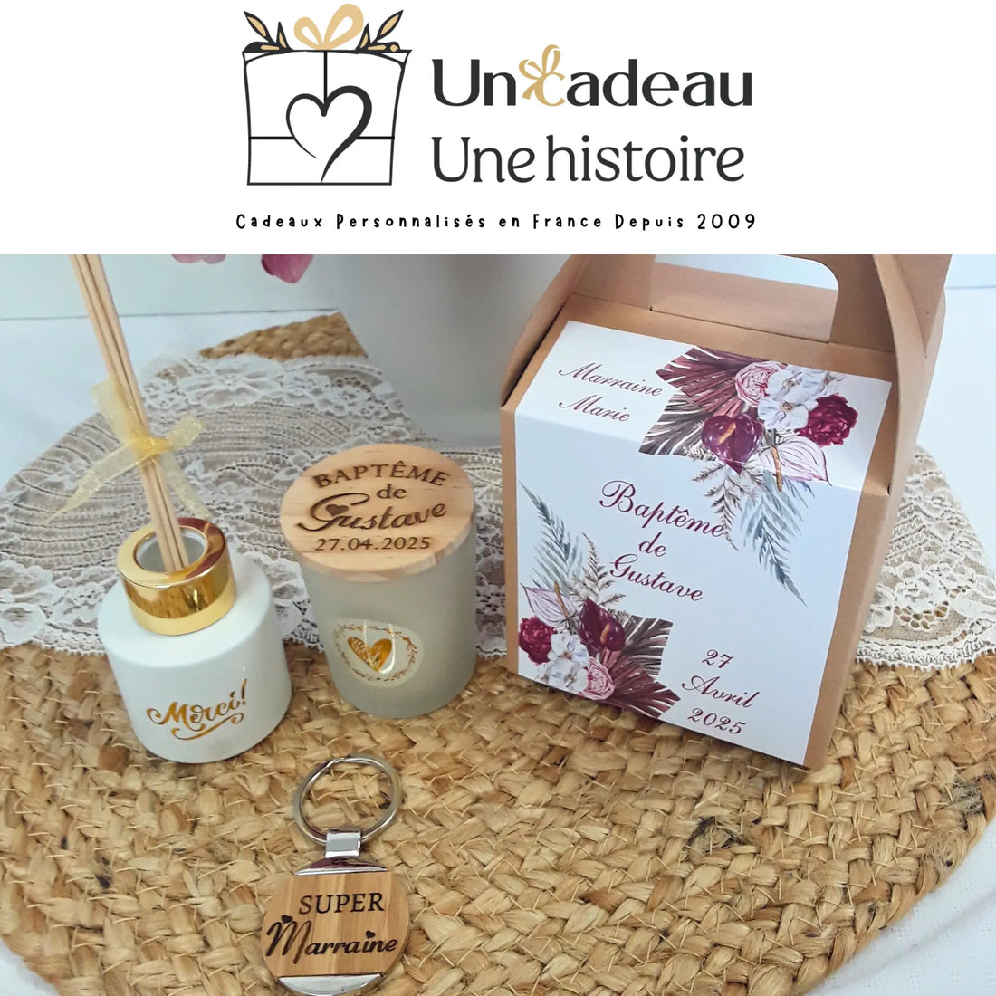 Coffret cadeau personnalisé filleule - prénom gravé et éléments décoratifs.