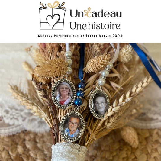 Médaillon photo personnalisé pour bouquet de mariée - bijou artisanal gravé avec photo, cadeau unique pour le mariage.