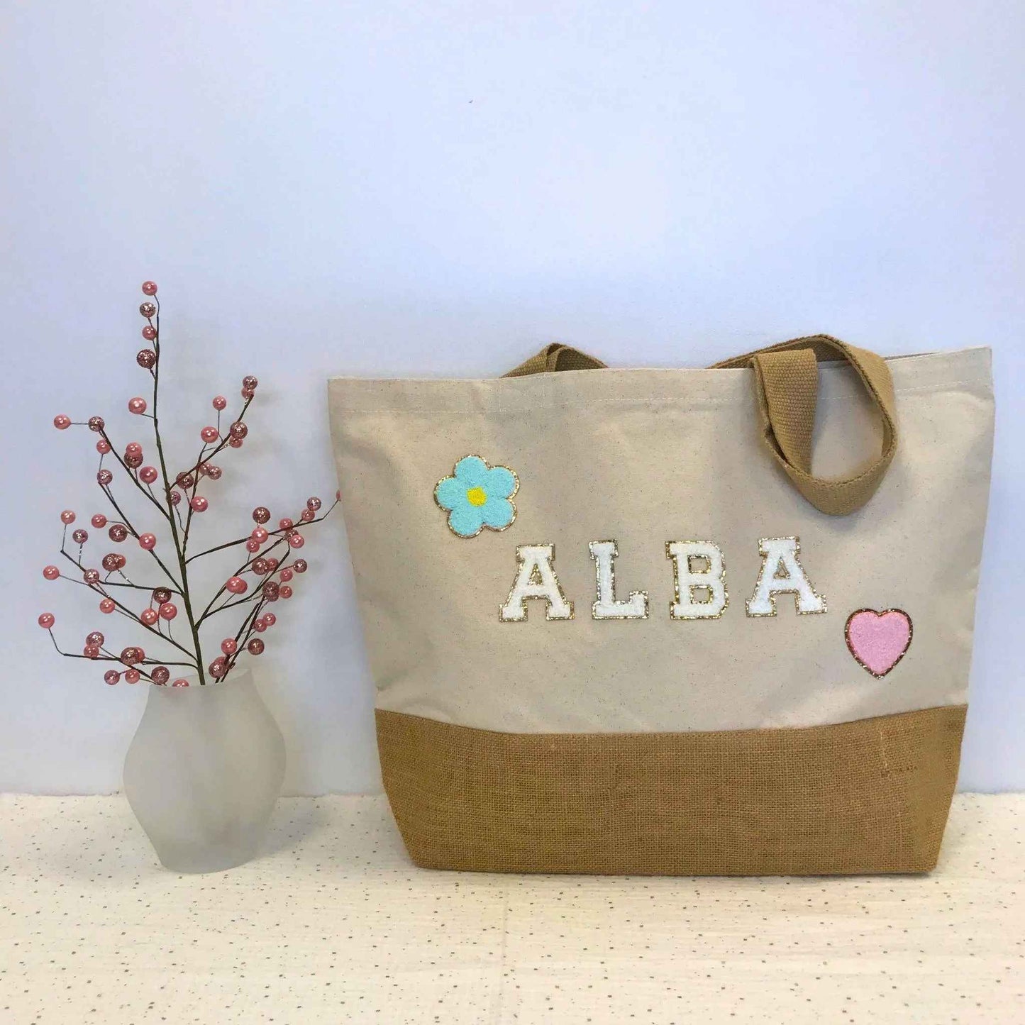 Cabas personnalisable en coton et jute - Cadeau de naissance personnalisé - Fait main en France