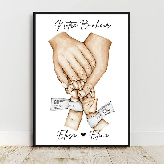 Cadeau de naissance original, affiche avec bracelets et infos des jumeaux.