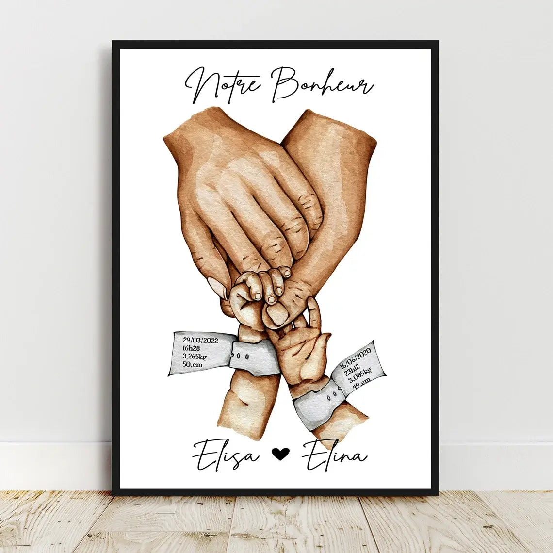 Affiche imprimée sur papier premium, cadeau symbolique pour parents de jumeaux.
