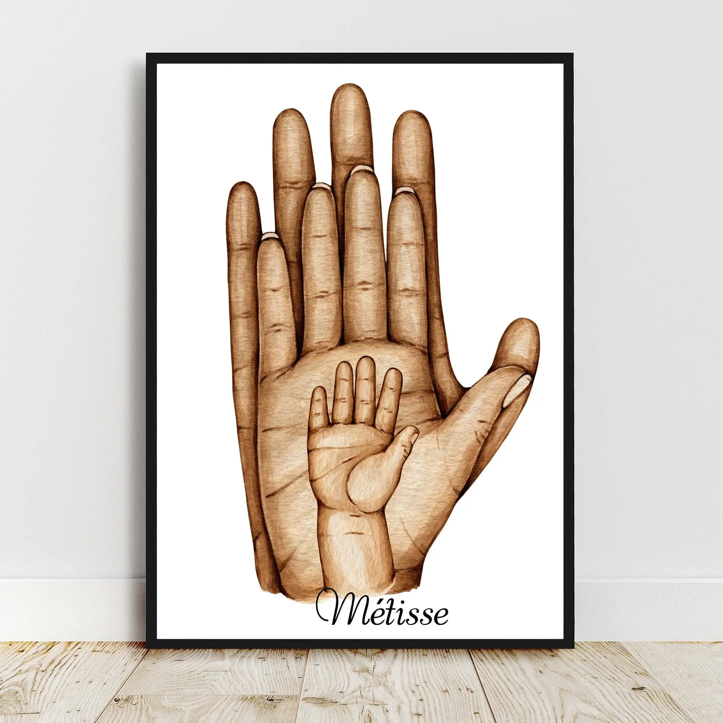 Œuvre d’art familiale personnalisée : un hommage visuel aux mains qui composent votre univers, avec options pour enfants et animaux.