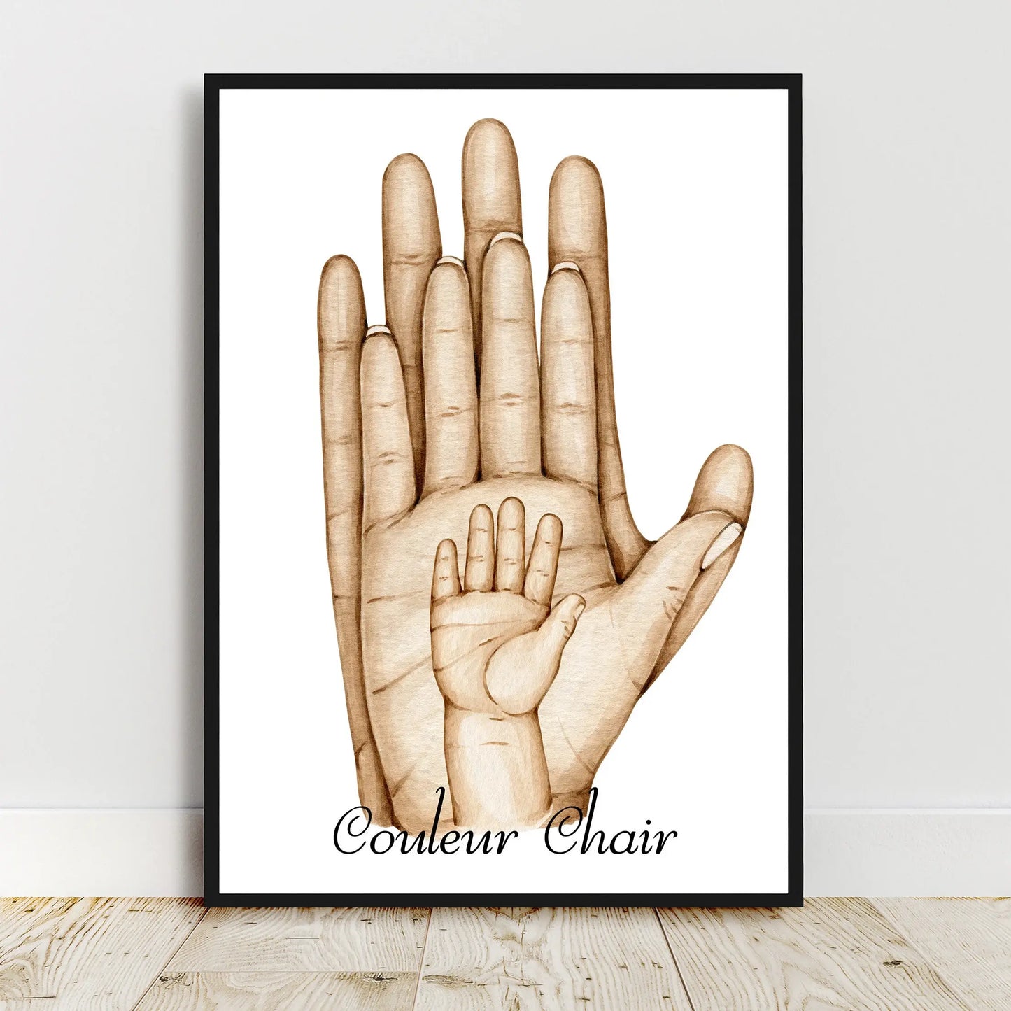 Portrait personnalisé mettant en lumière la main du parent et l’empreinte de chaque enfant (et animal), idéal pour célébrer vos moments précieux.