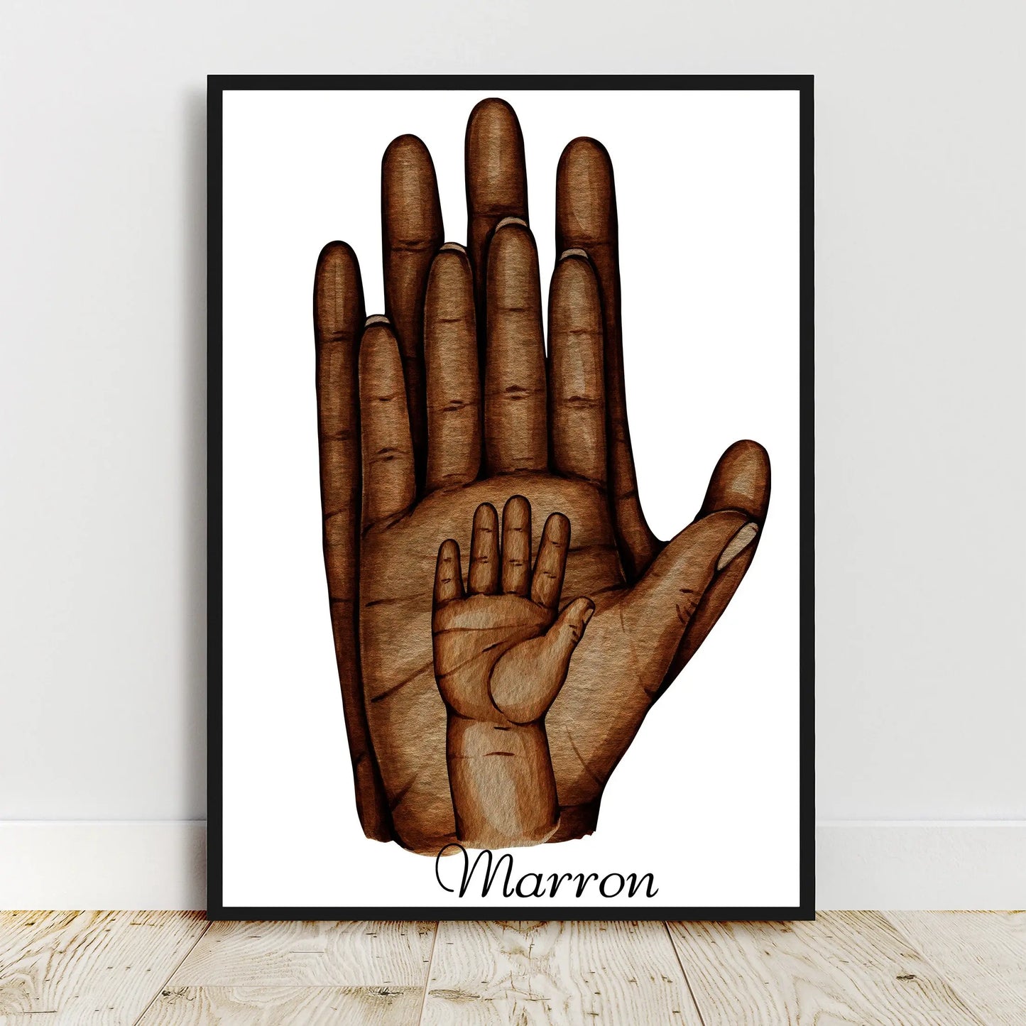 Affiche d’art unique immortalisant la main du parent et les empreintes de ses enfants et de ses compagnons, pour une décoration pleine de sens.