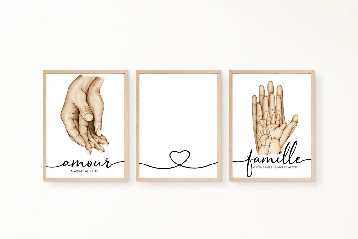 Trois affiches personnalisées au format A4, parfaites comme cadeau unique et français, avec la possibilité de choisir la couleur de peau et d'ajouter un texte personnalisé. Idéales pour offrir à une famille main dans la main.
