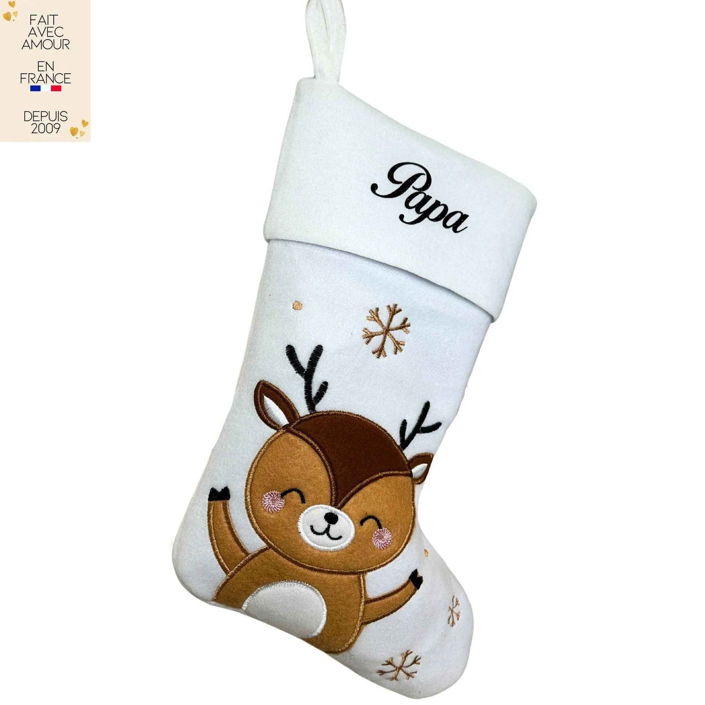 Grande Chaussette de Noël Personnalisée en France - Texte Pailleté - Motif Renne ou Renard Brodé - Idée Cadeau Personnalisé Famille - Mon Premier Noël