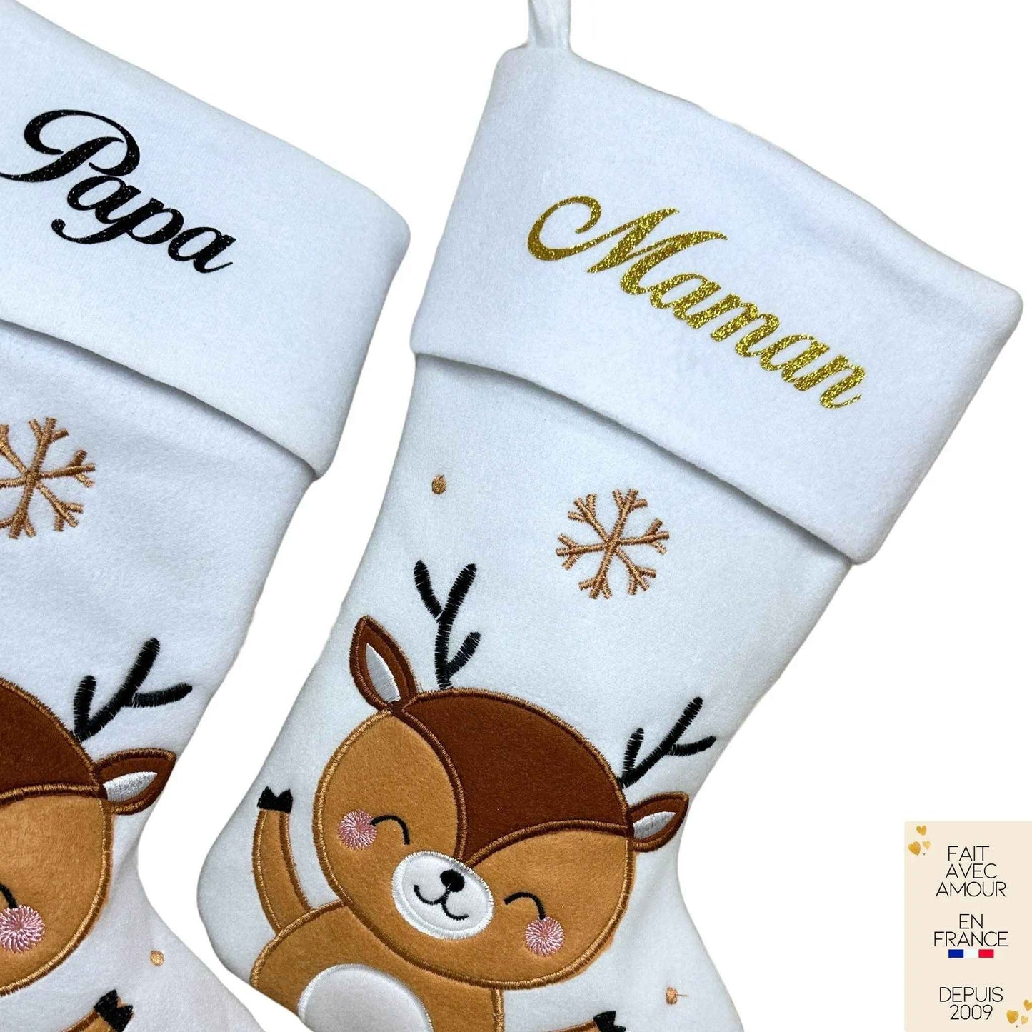 Grande Chaussette de Noël Personnalisée en France - Texte Pailleté - Motif Renne ou Renard Brodé - Idée Cadeau Personnalisé Famille - Mon Premier Noël