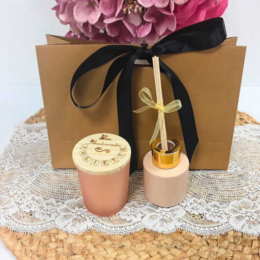 Ensemble bougie et diffuseur fait main.