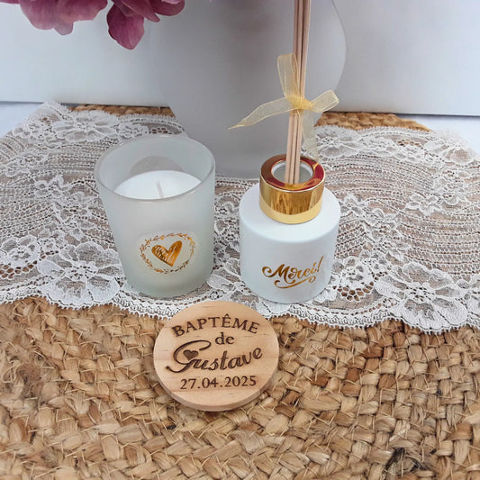 Duo parfumé : bougie personnalisée et diffuseur d’ambiance.