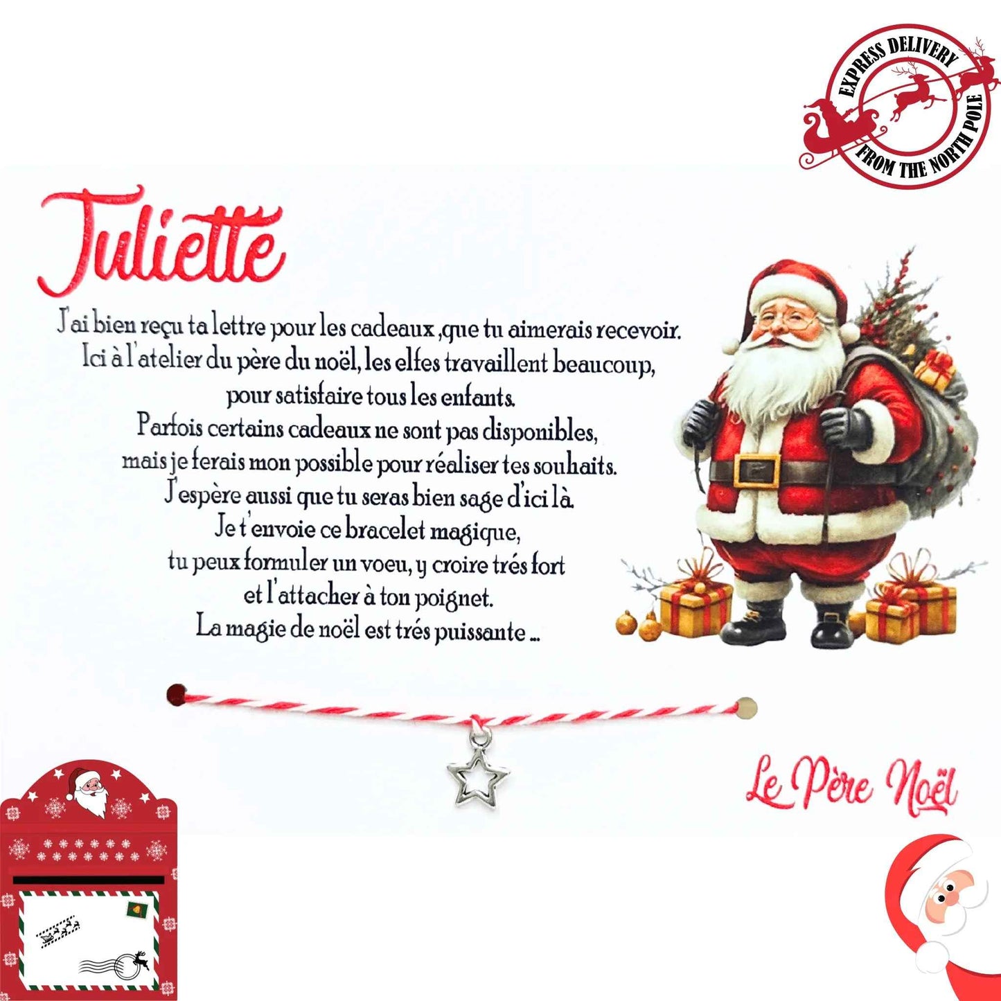 Bracelet Magique du Père Noël - Bracelet à vœu de Noël - Cadeau magique pour enfant - Fait main en France
