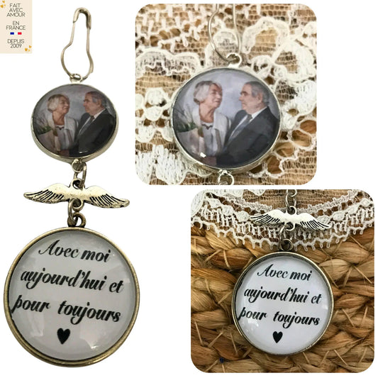 Médaillon bouquet mariée avec photo souvenir.