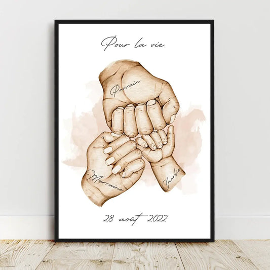 Illustration symbolique des liens entre parrain, marraine et enfant, imprimée au format A3.