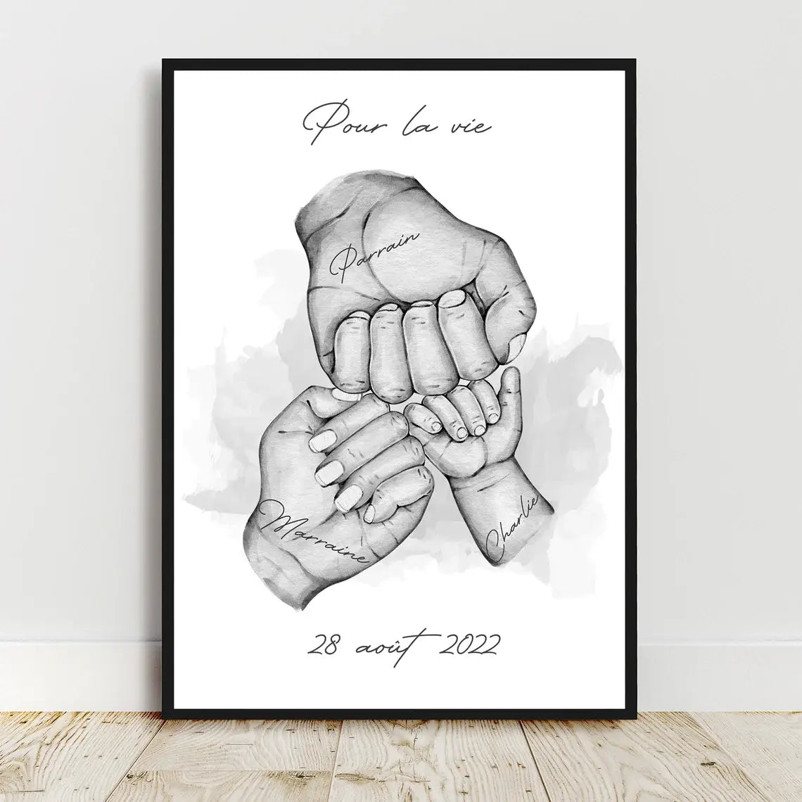 Cadeau personnalisé pour un baptême : affiche illustrant les mains des êtres chers.
