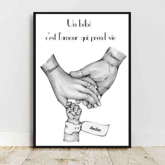 Affiche personnalisée avec bracelet de naissance et infos bébé.
