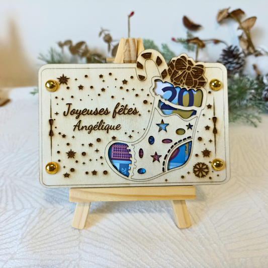 Carte cadeau bois Noël – Gravure artisanale – Présentation billet élégante – Cadeau original, étrenne, remerciement