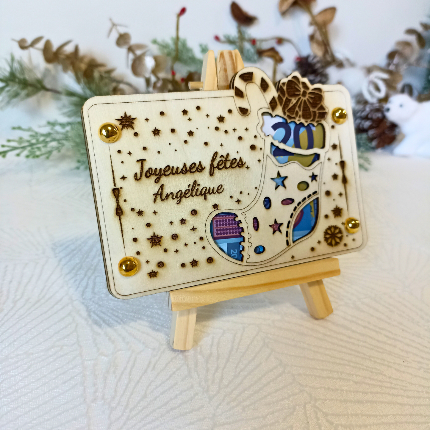 Carte cadeau bois Noël – Gravure artisanale – Présentation billet élégante – Cadeau original, étrenne, remerciement