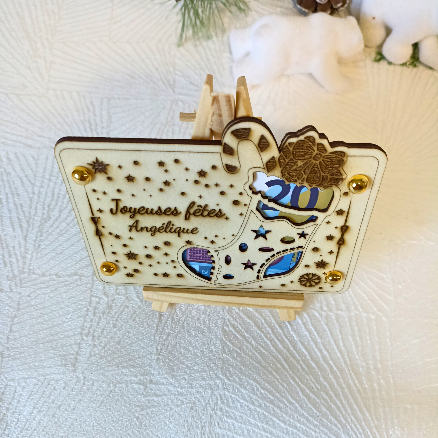 Carte cadeau bois Noël – Gravure artisanale – Présentation billet élégante – Cadeau original, étrenne, remerciement