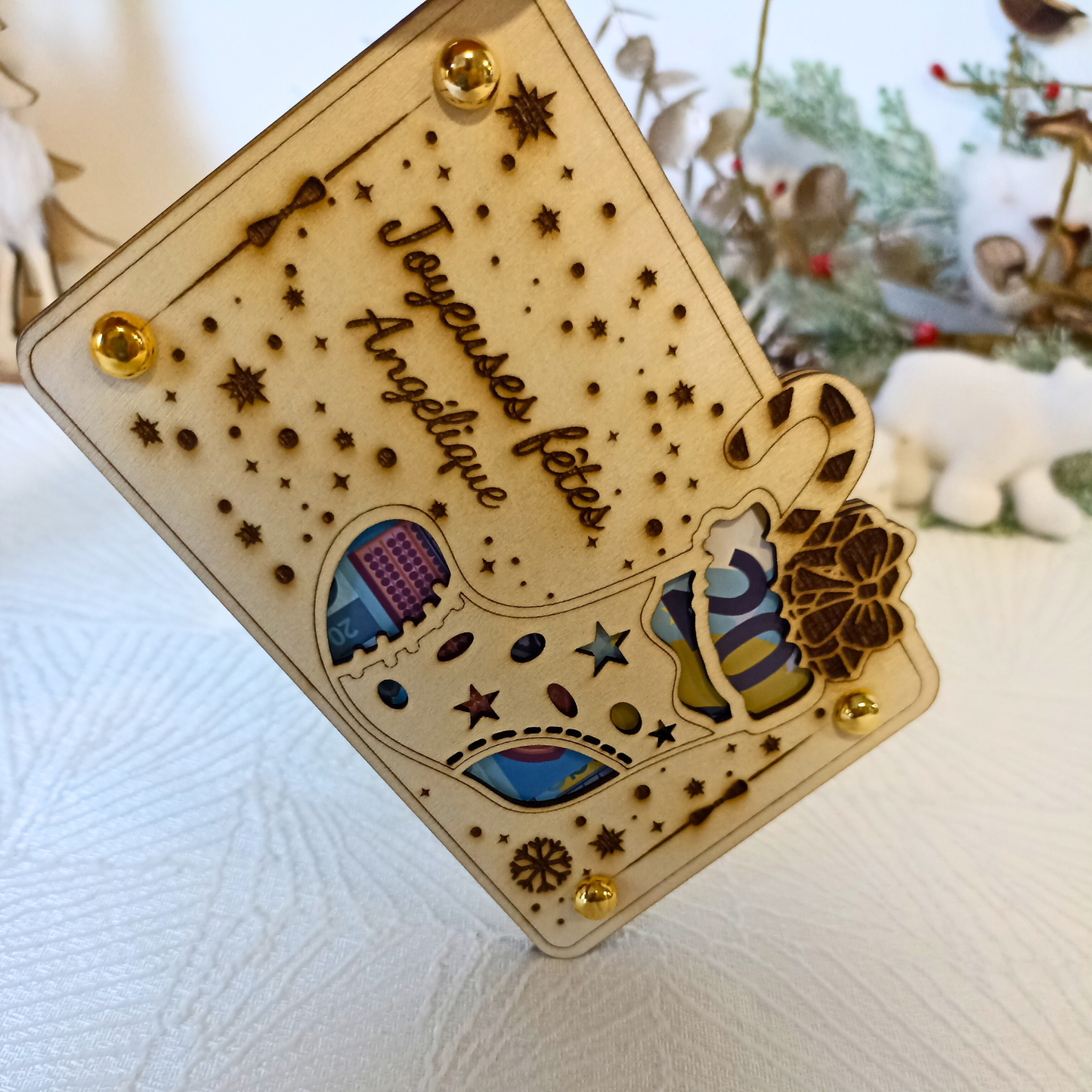 Carte cadeau bois Noël – Gravure artisanale – Présentation billet élégante – Cadeau original, étrenne, remerciement