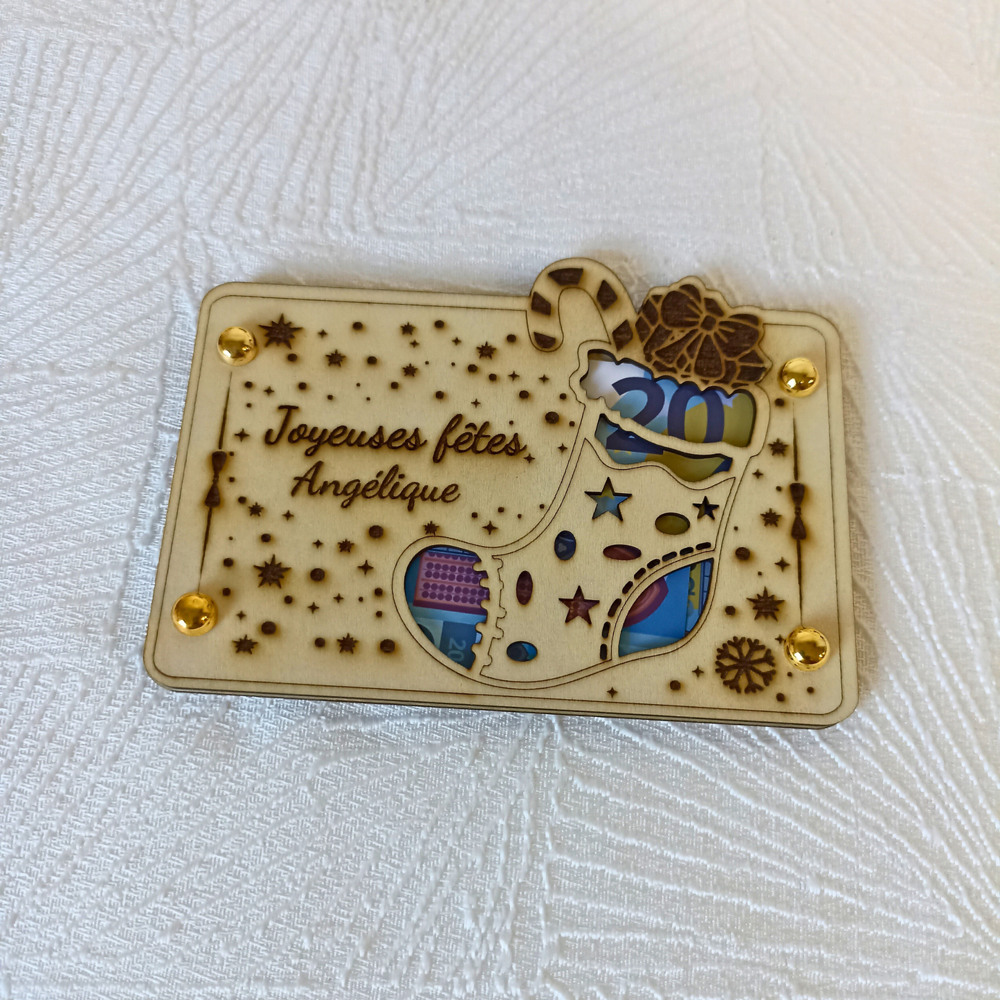 Carte cadeau bois Noël – Gravure artisanale – Présentation billet élégante – Cadeau original, étrenne, remerciement