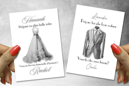 Carte demande témoin de mariage personnalisée - 40 robe et costume assortis - Annonce originale - Made in France