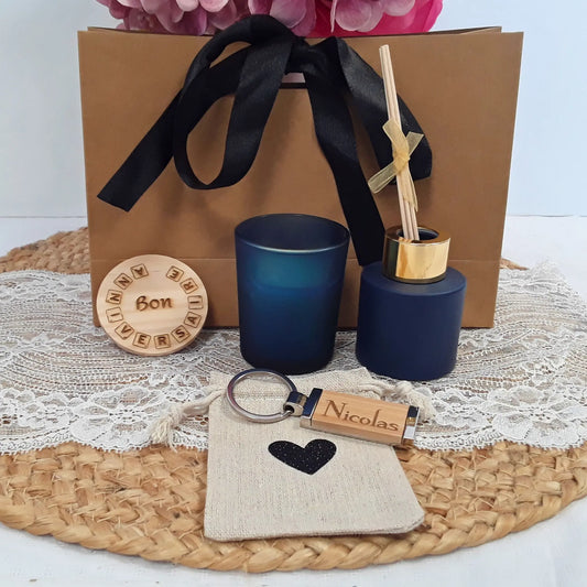 Coffret bougie personnalisée pour homme, cadeau artisanal français.