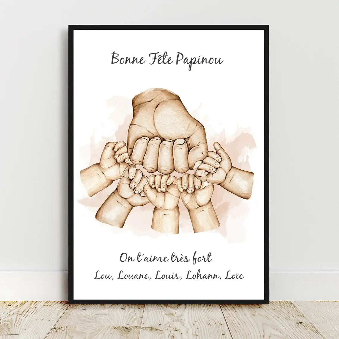 Affiche déco représentant une famille unie, personnalisable avec texte et prénoms.