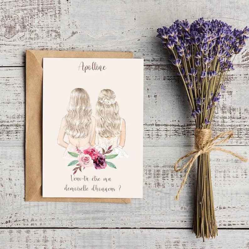 Personalized card with message, A6 format 10x15cm, free envelope, wedding theme, witness, bridesmaid, thank you card