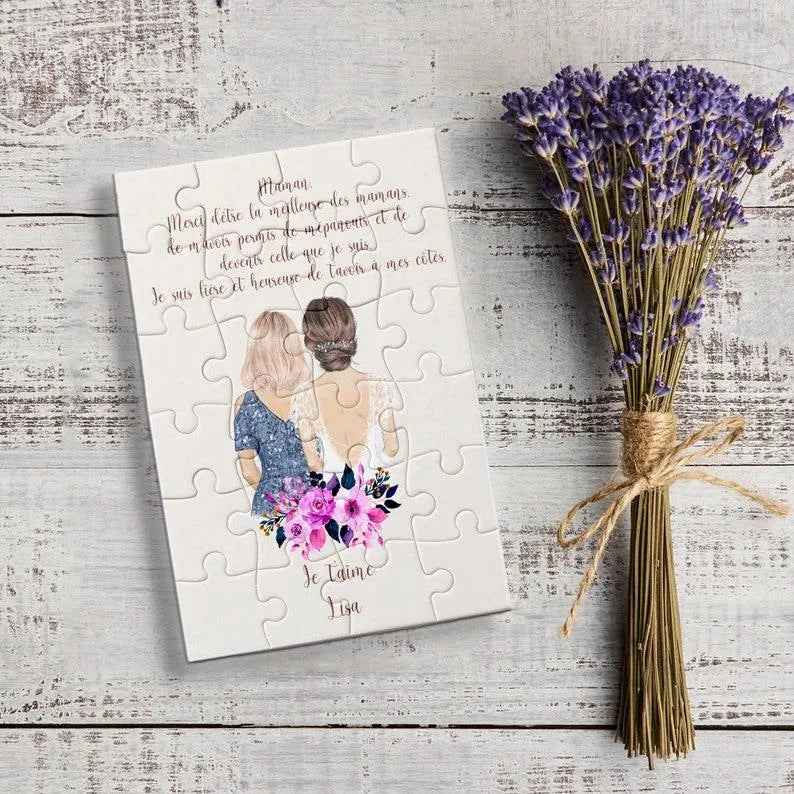 Personalized women's puzzle, mother of the bride gift, original puzzle for wedding announcement, free gift bag, customizable text