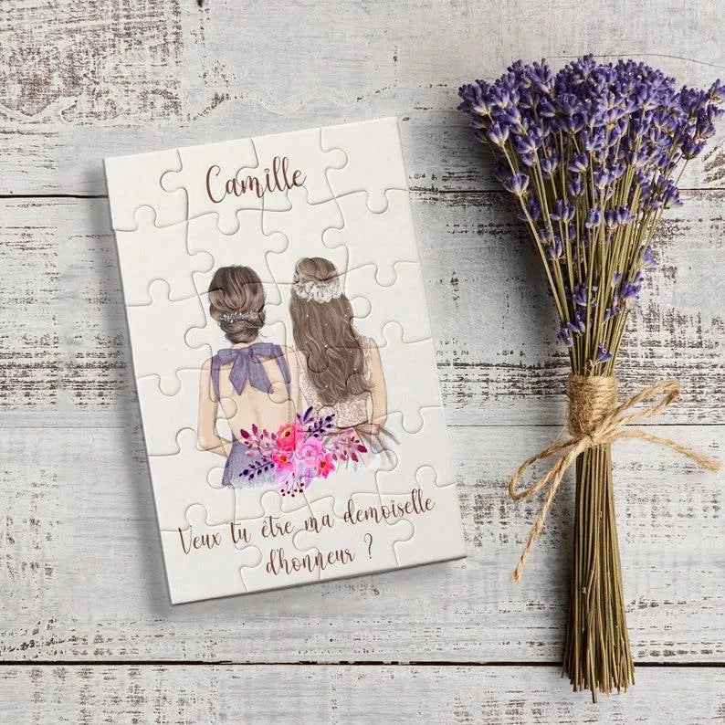 Personalisiertes Puzzle mit Brautjungfern-Illustration, anpassbarer Text auf Französisch, Geschenktüte aus Leinen, preiswertes Puzzle