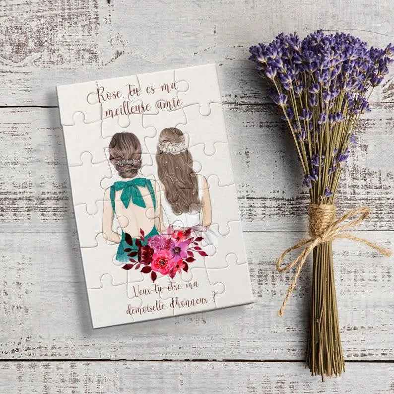 Personalized puzzle, cheap puzzle, puzzle for wedding guests, free gift bag, 24 pieces, text in French, easy