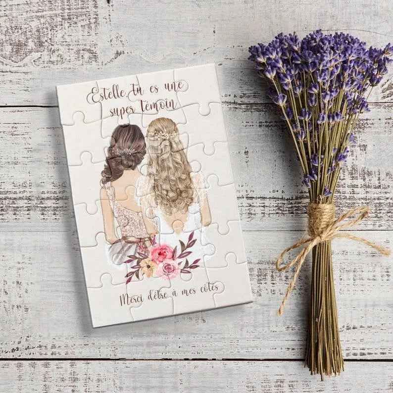 Personalized women's puzzle 24 pieces, surprise wedding announcement, for witness, bridesmaid or other person, free gift bag