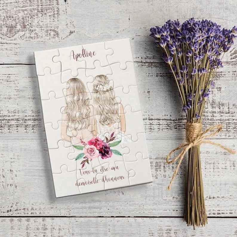 24 piece wedding puzzle, customizable text, will you be my bridesmaid, gift bag included, do you want to be a witness, wedding