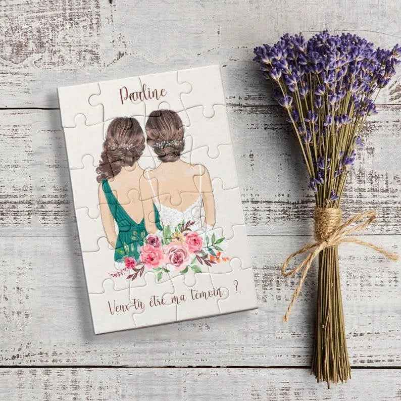 Customizable French puzzle of 24 pieces, wedding good deal, witness gift, bridesmaid gift, linen gift bag included