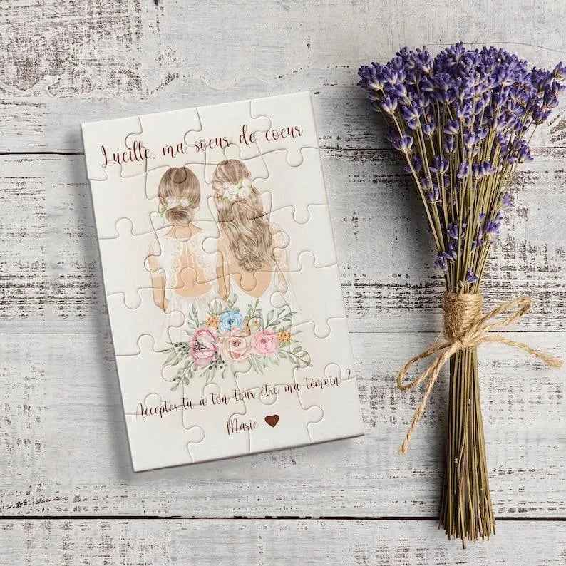 Puzzle in French of 24 pieces, customizable text, wedding theme, request for witness, wedding thank you, gift bag included,
