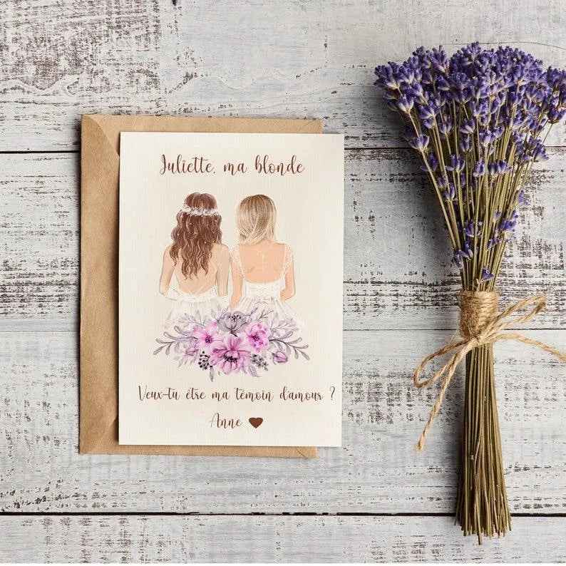 Faire part mariage, taille carte postale, texte personnalisable, demande de témoin, carte invitation mariage, papeterie, design minimaliste