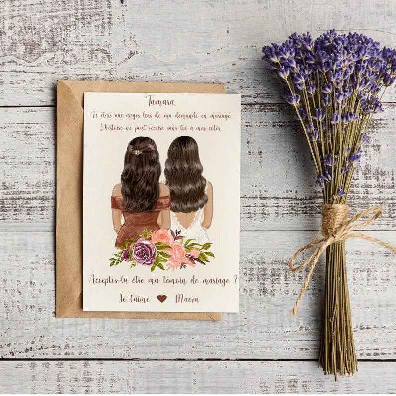 Customizable announcement, wedding theme, A6 format 10x15cm, request for witness, request for bridesmaid, thank you, wedding help