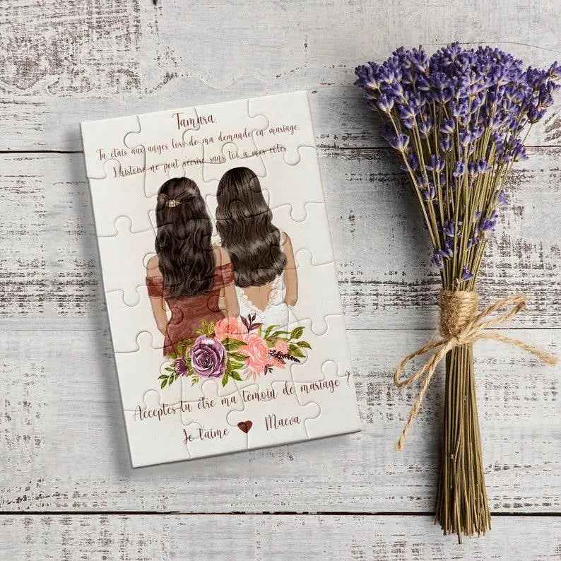 Anpassbares französisches Puzzle, 24-teiliges Hochzeitspuzzle, originelle Zeugenanfrage, Brautjungfernanfrage, kostenlose Geschenktüte