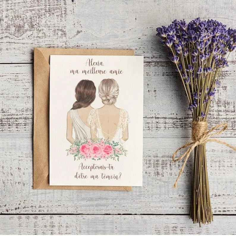 Hochzeitsthemakarte mit Personalisierung, Brautjungfer, kostenloser Geschenkumschlag, Dankeskartenidee, A6-Karte 10x15cm, fr