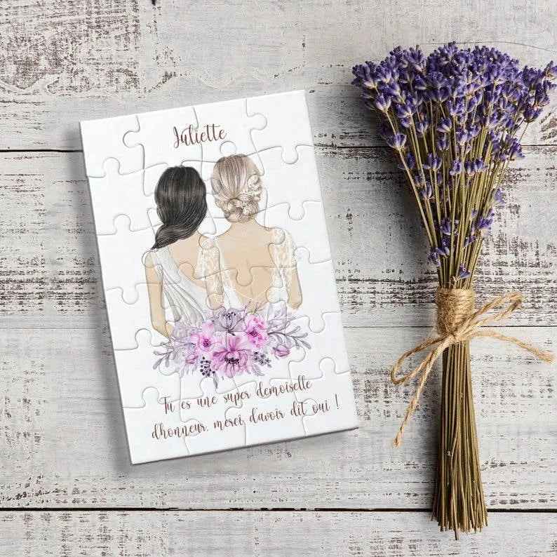 Puzzle personnalisé mariage, annonce témoin, demande demoiselle d'honneur, puzzle pas cher, texte en français personnalisable, avec pochette