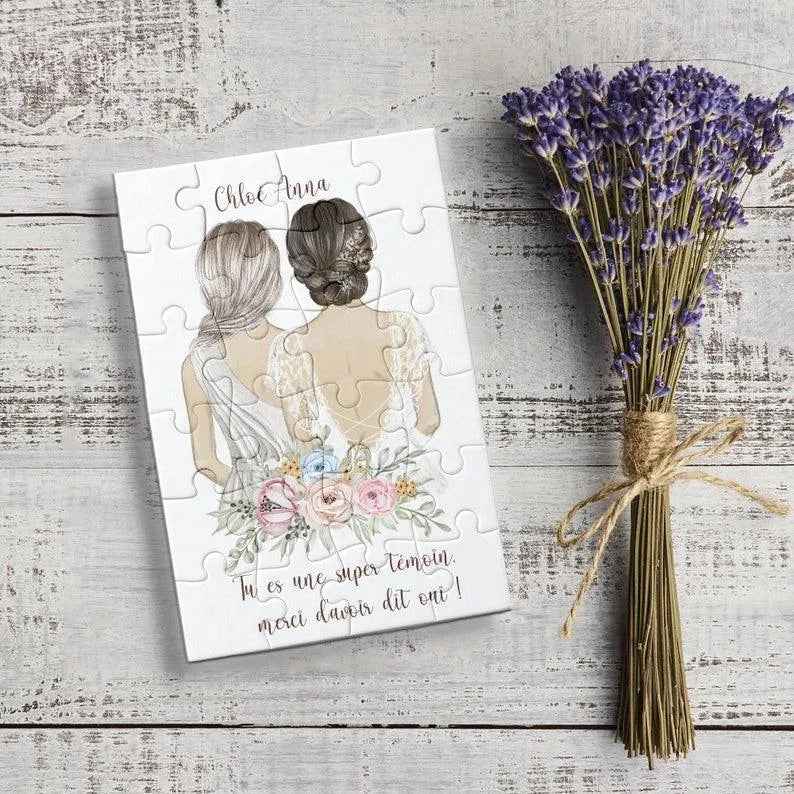 Personalisiertes 24-teiliges Puzzle, französisches Hochzeitspuzzle, originelle Zeugenanfrage, Brautjungfernanfrage, kostenloser Beutel