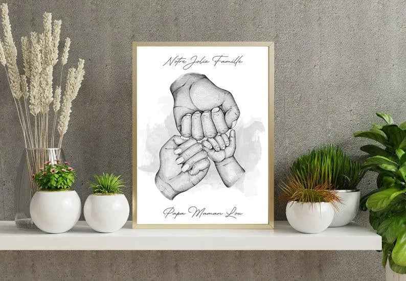 Personalized portrait, A4 Dad Mom Child poster, color, text, customizable first names, Father's Day gift, Mother's Day gift