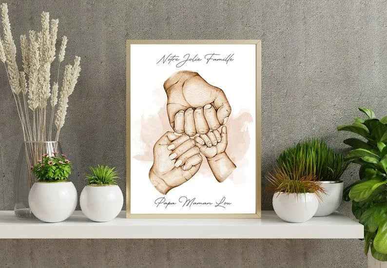 Personalized portrait, A4 Dad Mom Child poster, color, text, customizable first names, Father's Day gift, Mother's Day gift