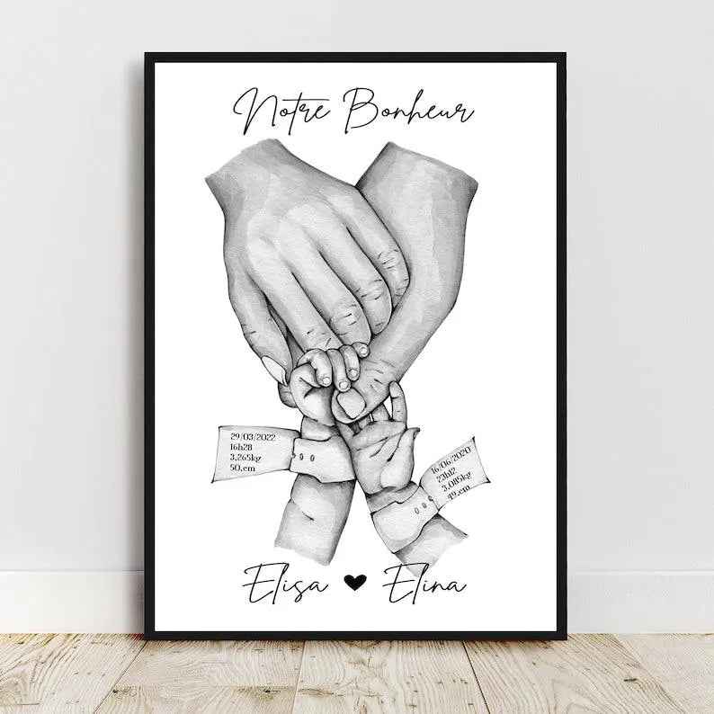 Baby room decor, personalized family poster, birth bracelet, A4 or A3 format, created and printed in France, family of 2 children