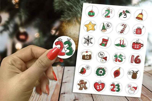 Calendrier de l'Avent - Lot de 24 étiquettes Autocollantes de Noël - Emballage et paquets cadeaux
