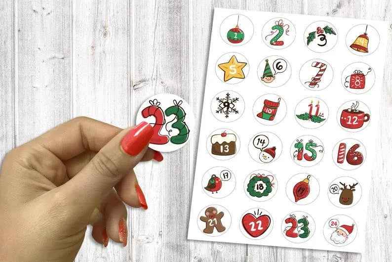 Calendrier de l'Avent - Lot de 24 étiquettes Autocollantes de Noël - Emballage et paquets cadeaux