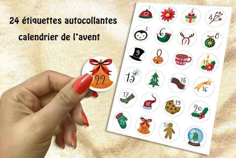 Calendrier de l'avent - Lot de 24 étiquettes autocollantes - Stickers - Emballage cadeau de Noël - Paquet cadeau