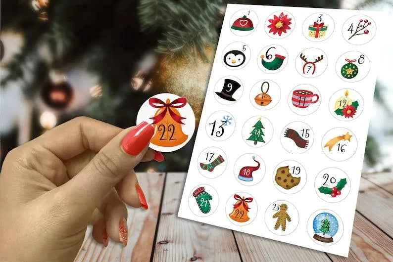 Calendrier de l'avent - Lot de 24 étiquettes autocollantes - Stickers - Emballage cadeau de Noël - Paquet cadeau