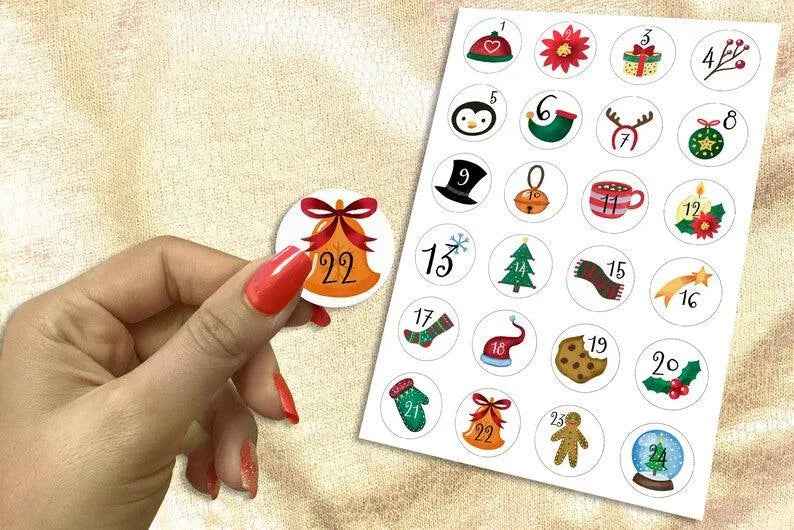 Calendrier de l'avent - Lot de 24 étiquettes autocollantes - Stickers - Emballage cadeau de Noël - Paquet cadeau