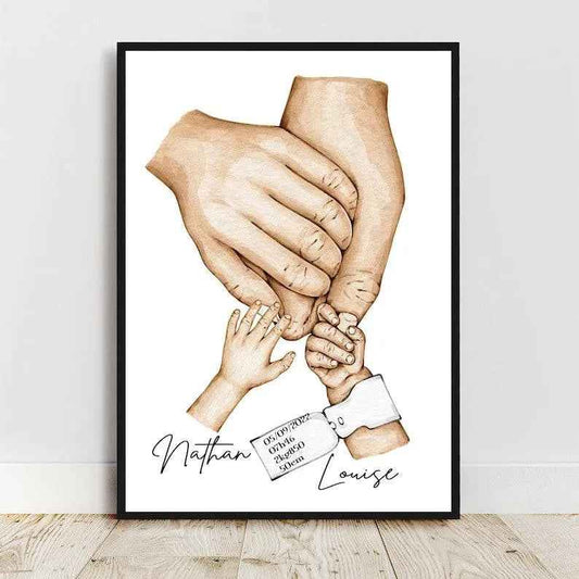 Affiche famille personnalisée, bébé et bracelet de naissance, cadeau de naissance personnalisé, famille 2 enfants, fait en France