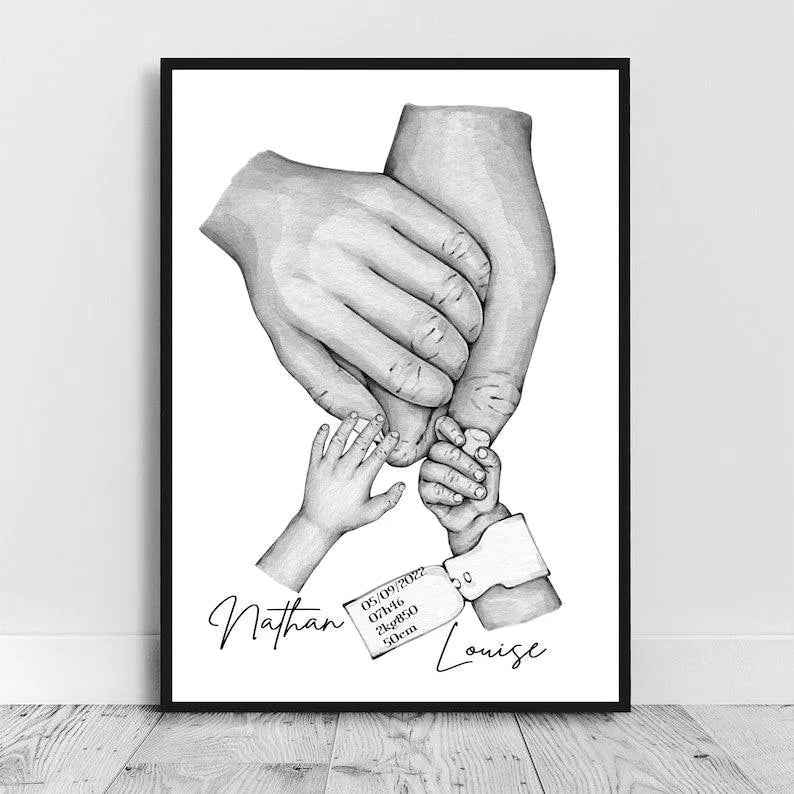 Personalized family poster, A3 poster, optional frame, birth gift, young parent gift, Customizable Birth bracelet